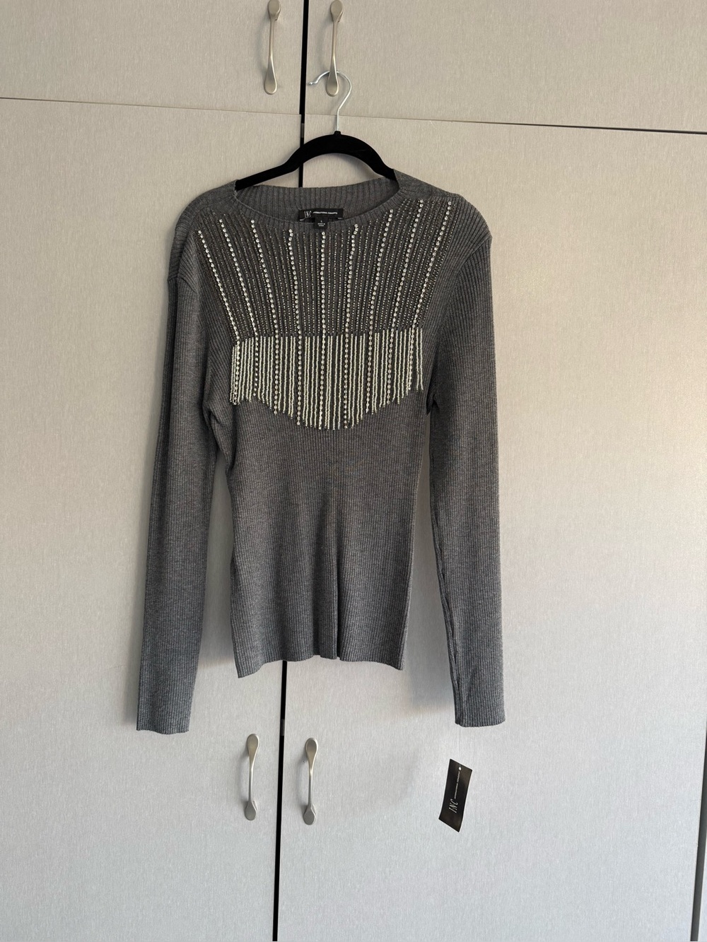 INC International Concepts Gray Beaded Long-Sleeve Knit Top
